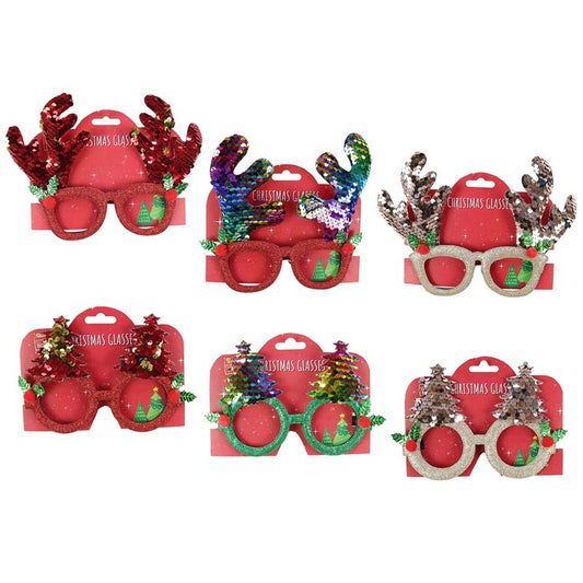 Xmas Novelty Glasses w/ Sequins, 6 Asstd Designs