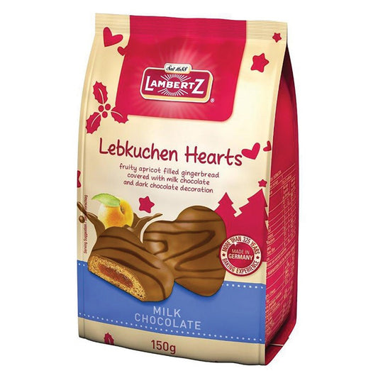 Lambertz Lebkuchen, Gingerbread Hearts Milk Chocolate w/ Apricot Filling, 150gm