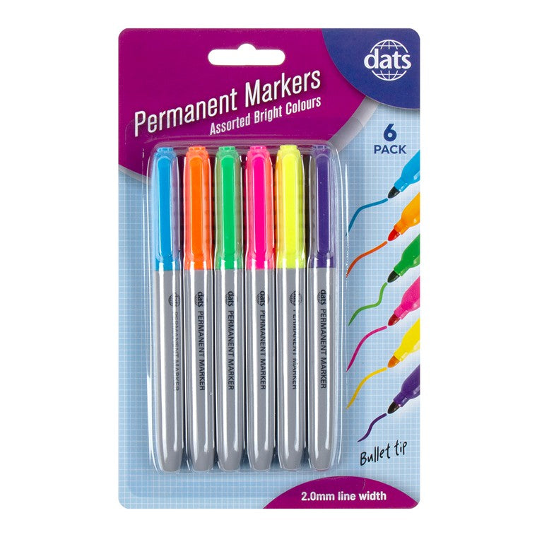 Permanent Markers, Bright, Asstd, 6pk