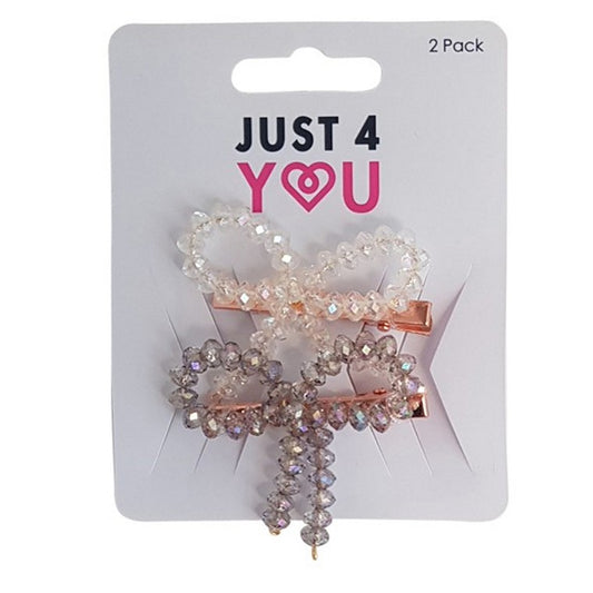 Hair Clip, Beaded Bow, 2pk, 2 Asstd Colours