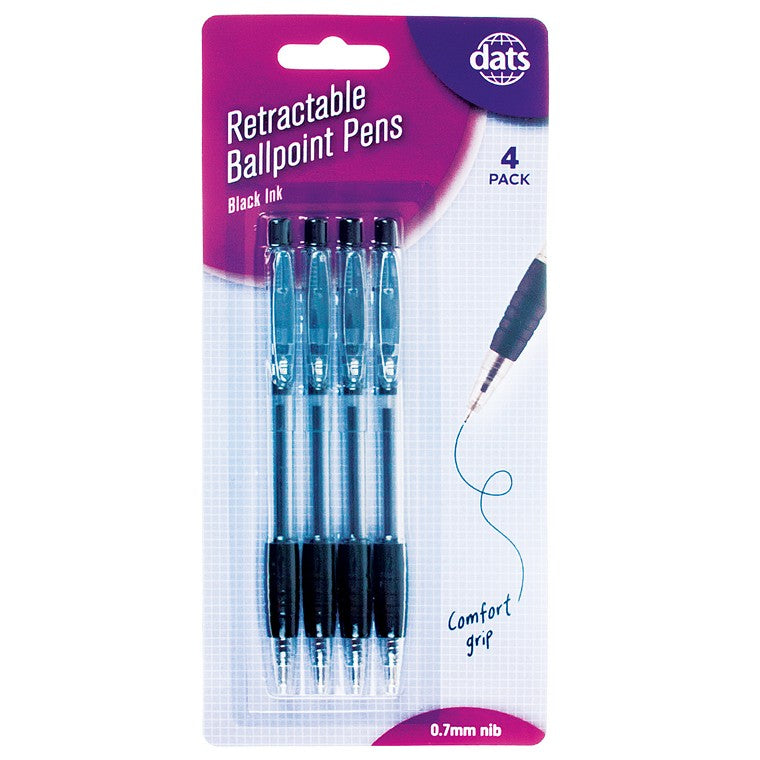 Pen Ballpoint Retractable Black, 4pk