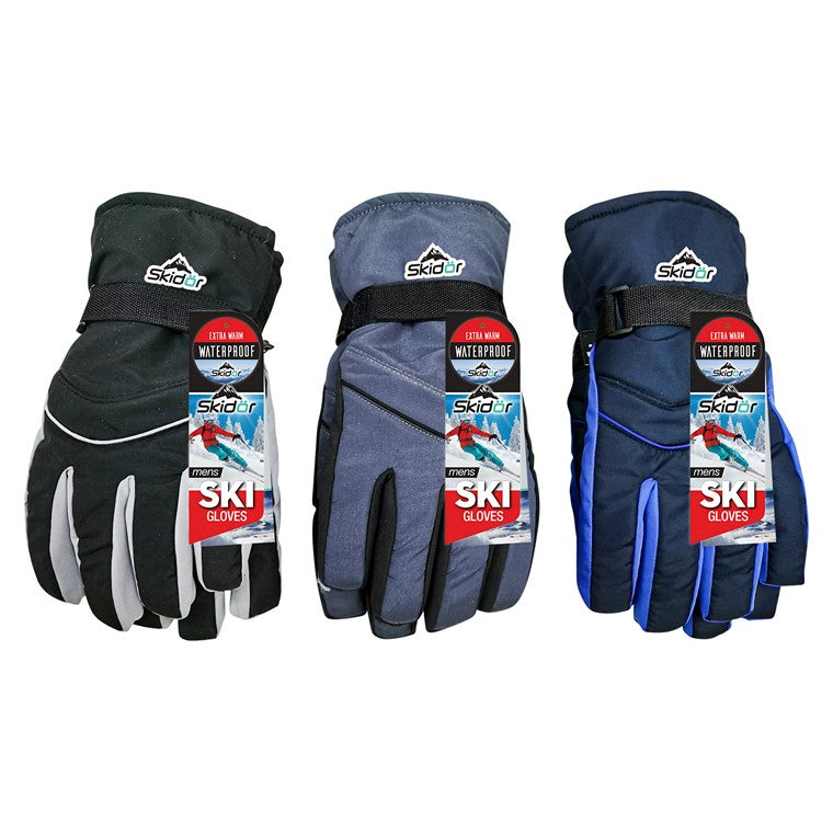 Mens Ski Gloves, Water Resistant, 3 Asstd Colours