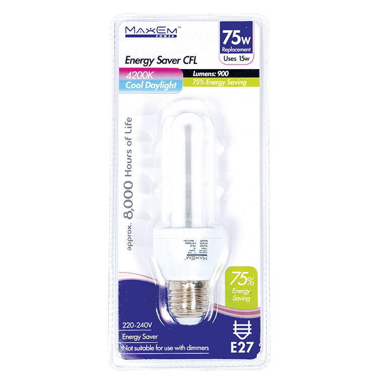 Energy Saver Lights, Cool White, E27, 75W/15W Screw, 900 Lumen