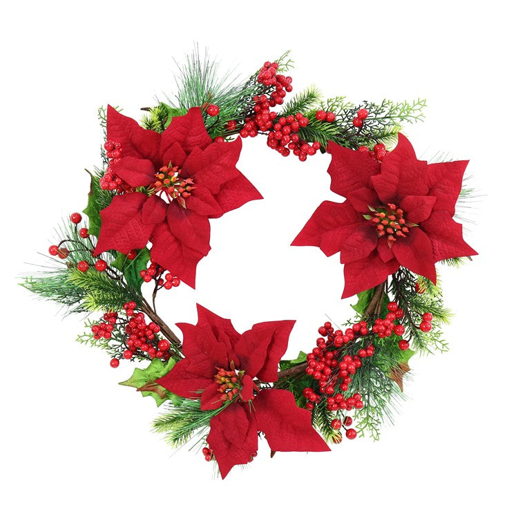 Retro Holly Berry Poinsettia Wreath, 50cm