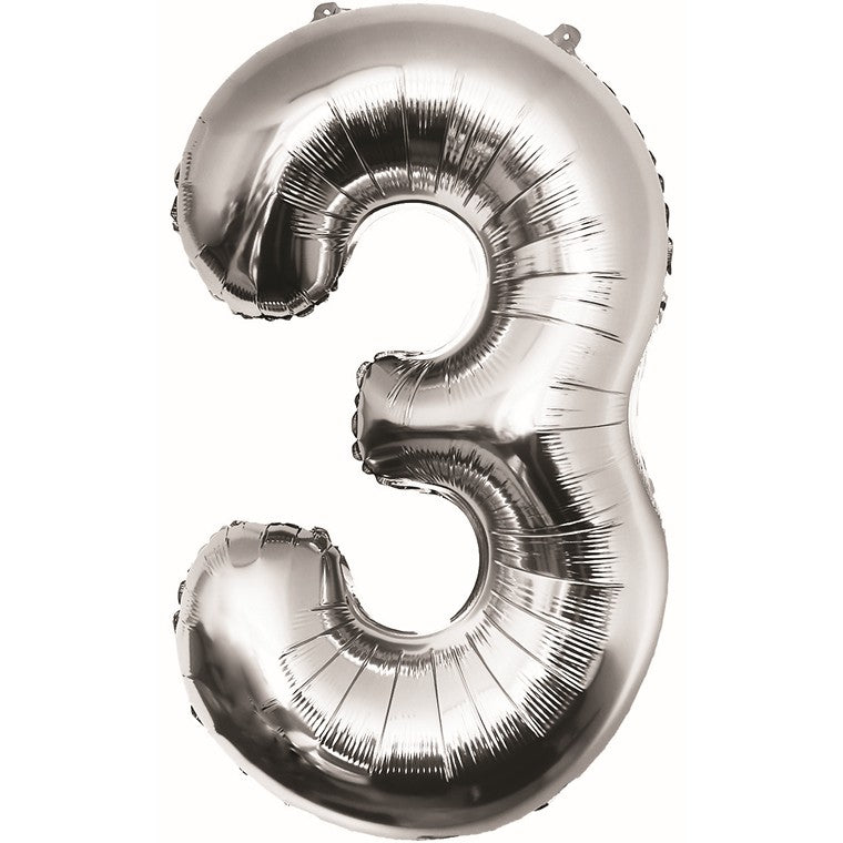 Number Foil Balloon, Silver, 3