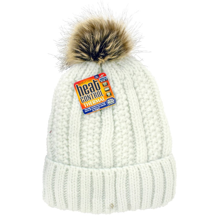 Ladies Heat Control Beanie w/ Pom Pom, Cream