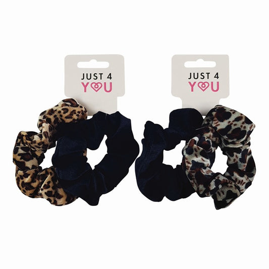 Hair Scrunchie Velvet, Leopard Print, 2pk, 2 Asstd Colours