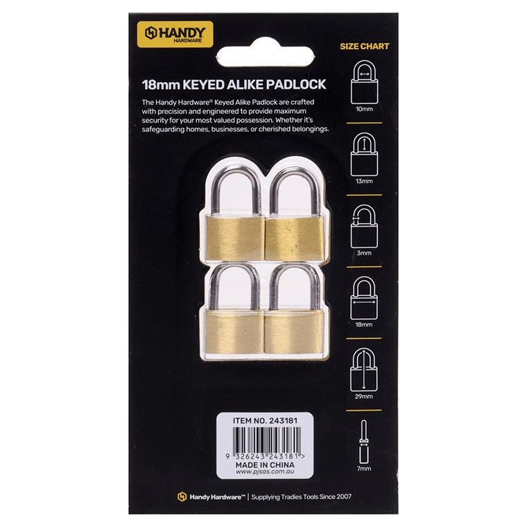 Keyed Alike Padlock, 18mm, 4pk