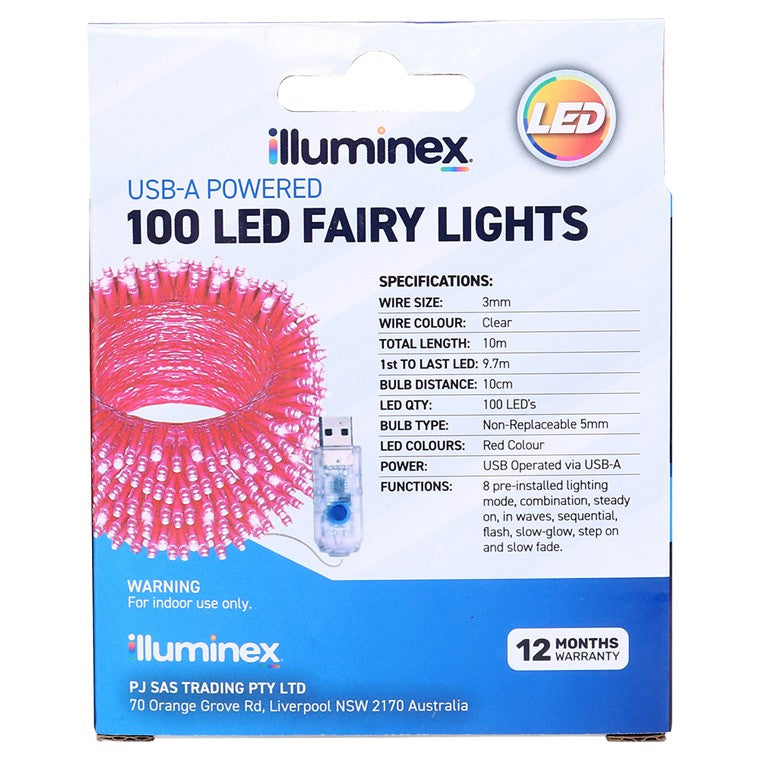 Fairy Lights, USB, 100 LED, Red