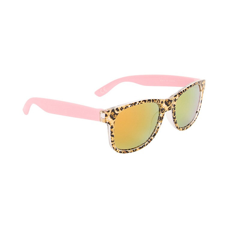 Kids, Plastic Wayfarer Style Sunglasses, Pink Animal Print w/ Mirror Lens