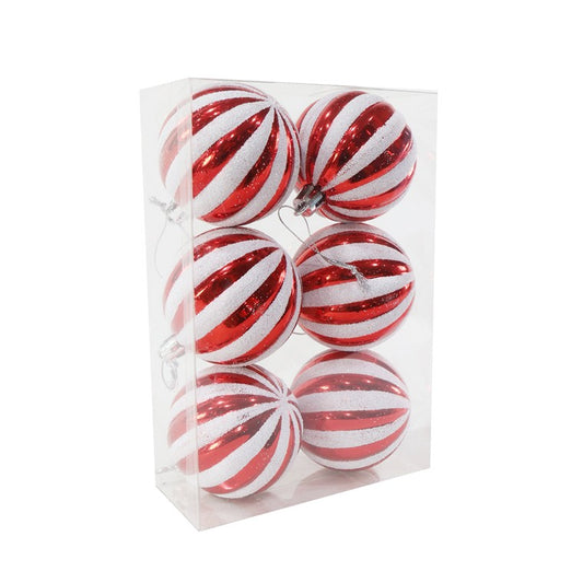 Candy Cane Ribbed Baubles, 60mm, 6pk, Asstd