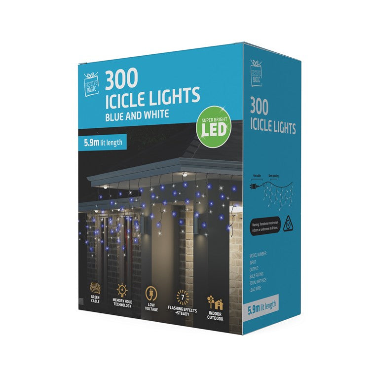 Icicle Lights, Blue & White, 300 LED