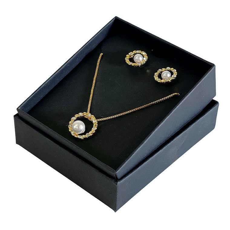 Gold Necklace & Earrings, Wreath With Pearl Set In Gift Box