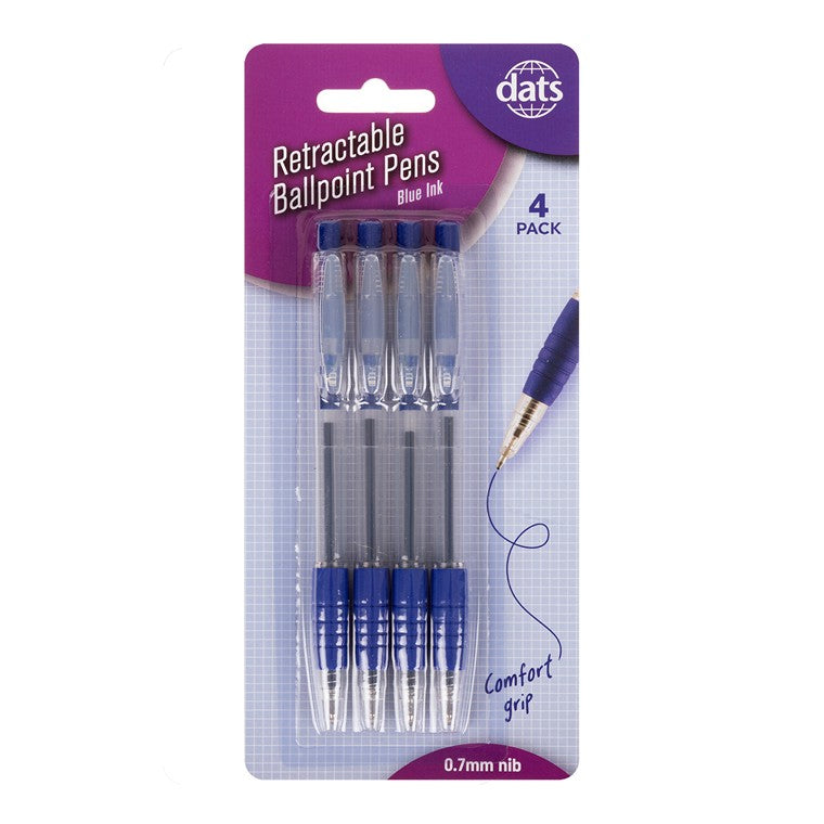 Pen Ballpoint Retractable Blue 4pk