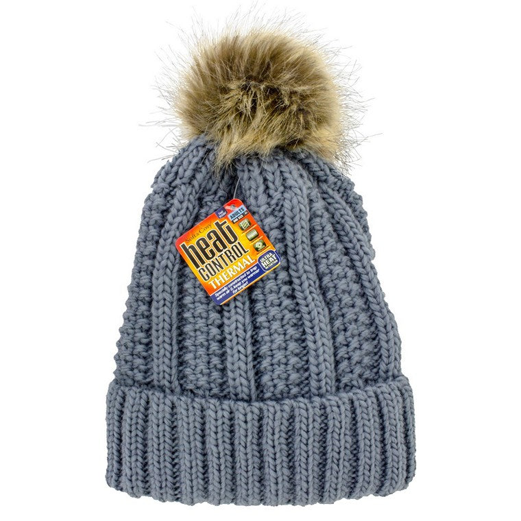 Ladies Heat Control Beanie w/ Pom Pom, Grey