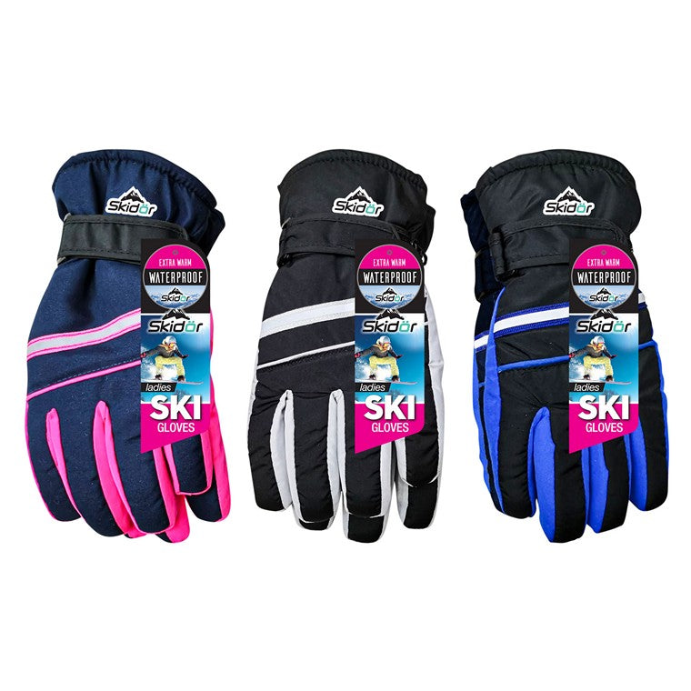 Ladies Ski Gloves, Water Resistant, 3 Asstd Colours