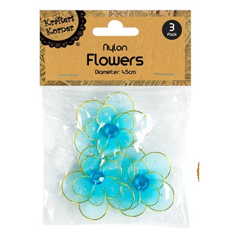 Soft Nylon Flowers, 3pk, 4 Asstd Colours