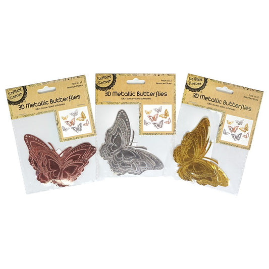 3D Metallic Butterflies, 12pk, 3 Asstd Colours