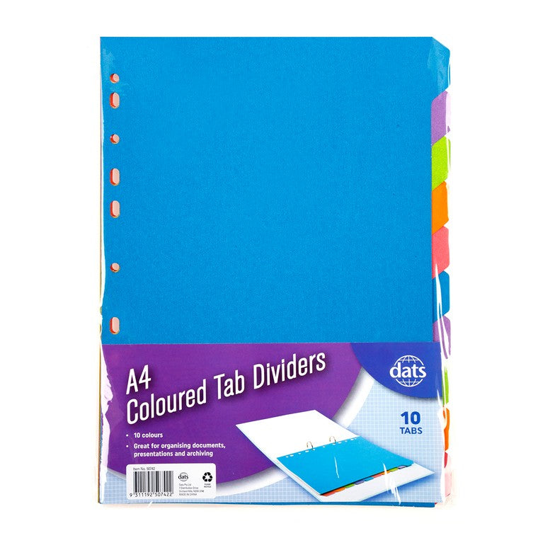 Coloured Tab Dividers, A4, 10pk