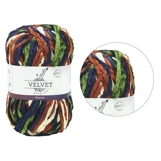 Velvet Multicolour Yarn, Peacock, 100gm