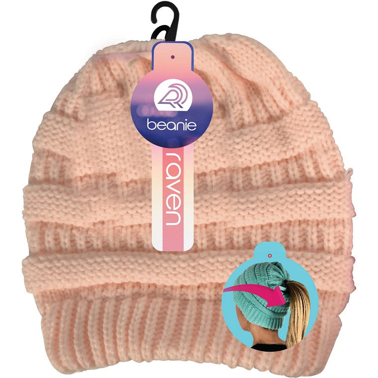 Ladies Knitted Ponytail Beanie, 4 Asstd Colours