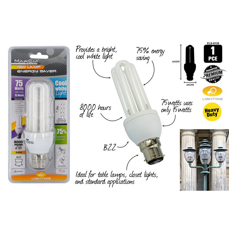 Energy Saver Lights, Cool White, B22, 75W/15W Pin, 900 Lumen