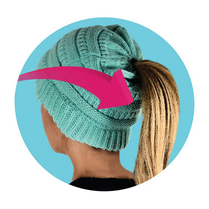 Ladies Knit Pony Tail Beanie Pink