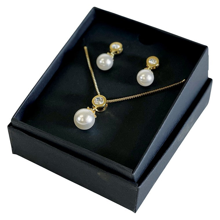 Gold Necklace & Earrings, Gold Pearl Drop Set In Gift Box