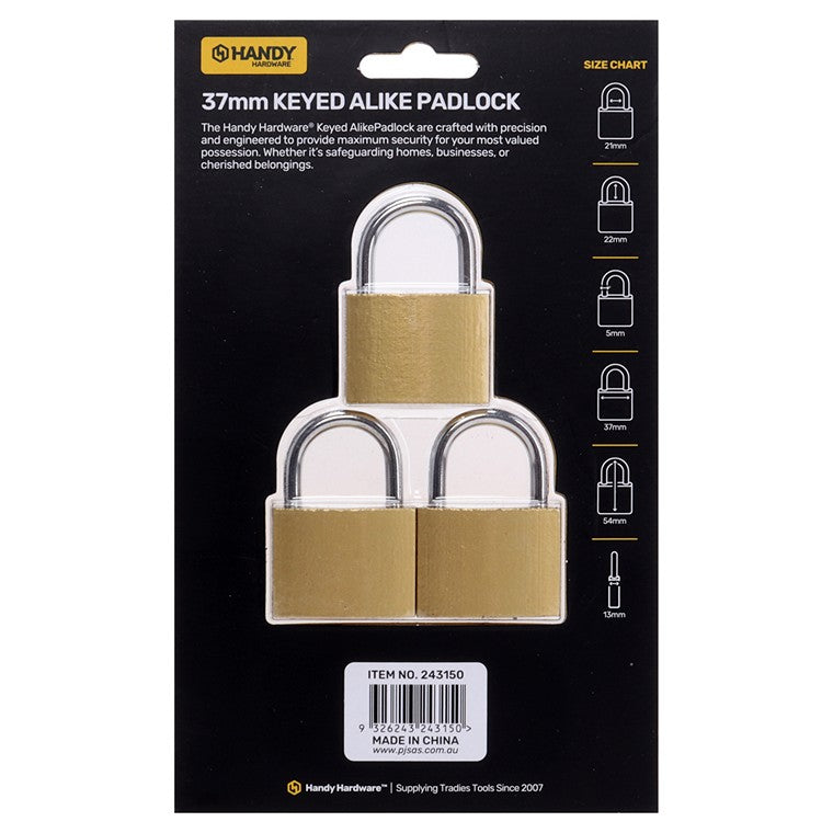 Keyed Alike Padlock, 37mm,  3pk