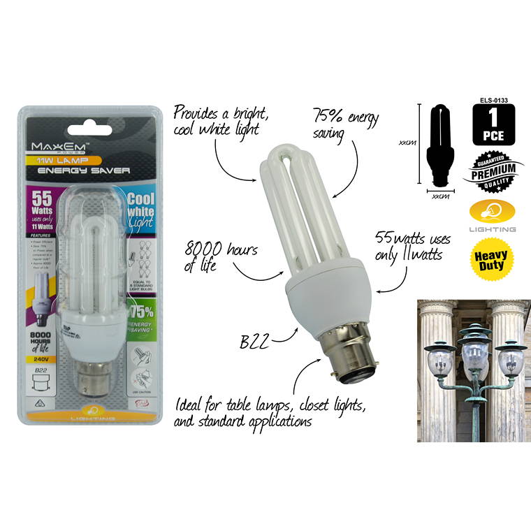 Energy Saver Lights, Cool White, B22, 55W/11W Pin, 650 Lumen