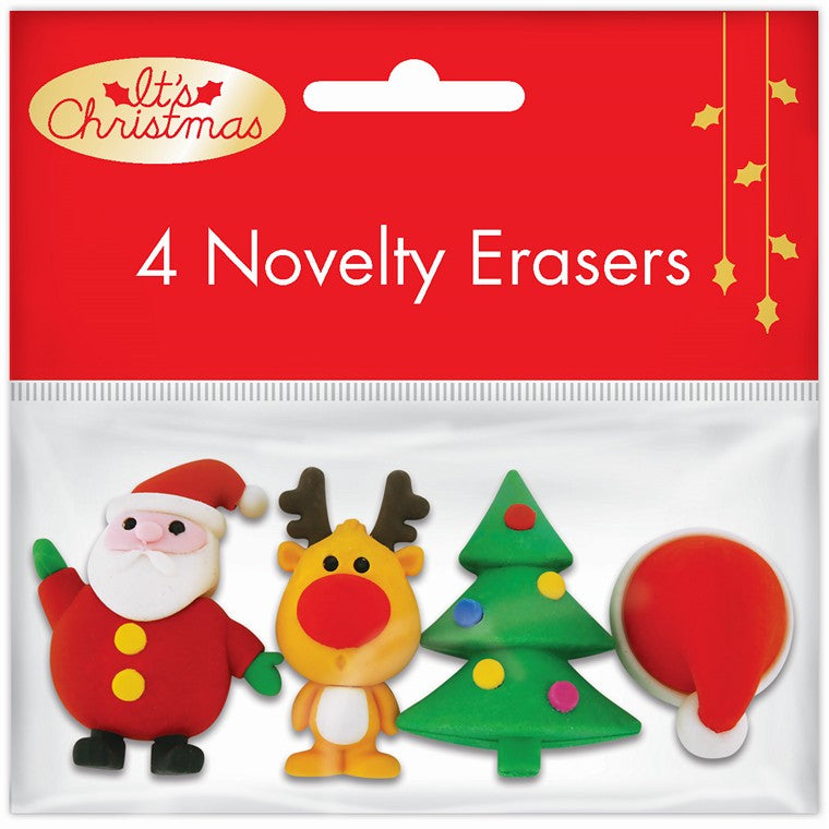 Christmas Novelty Erasers, 4pk