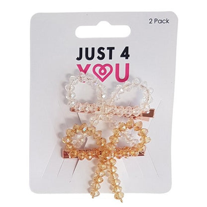 Hair Clip, Beaded Bow, 2pk, 2 Asstd Colours