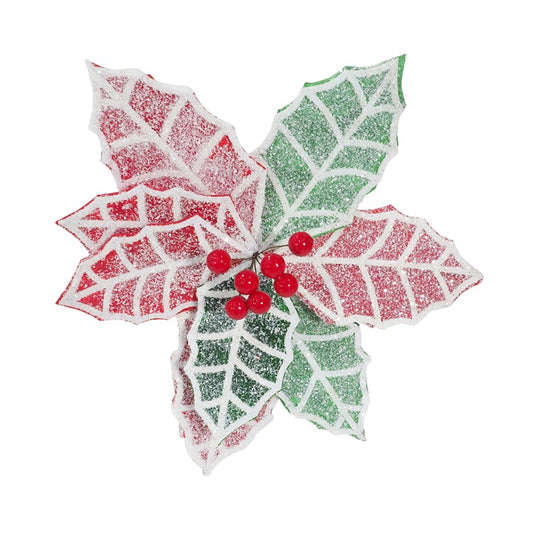 Poinsettia Frosted Holly Clip, 28cm, Asstd