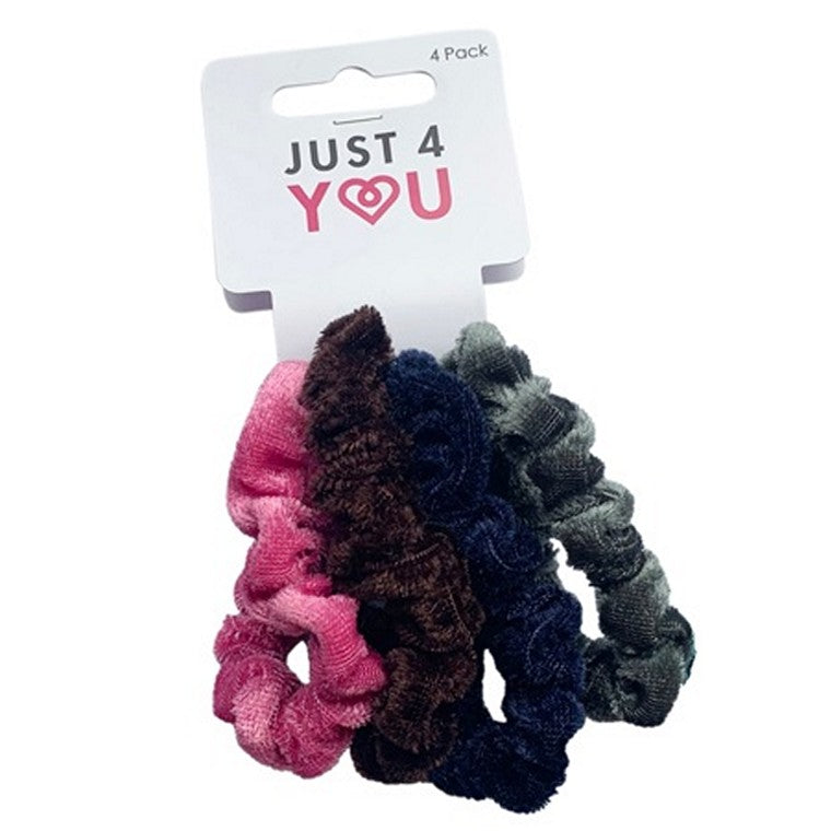 Hair Scrunchie Velvet, 4pk, 3 Asstd Colours