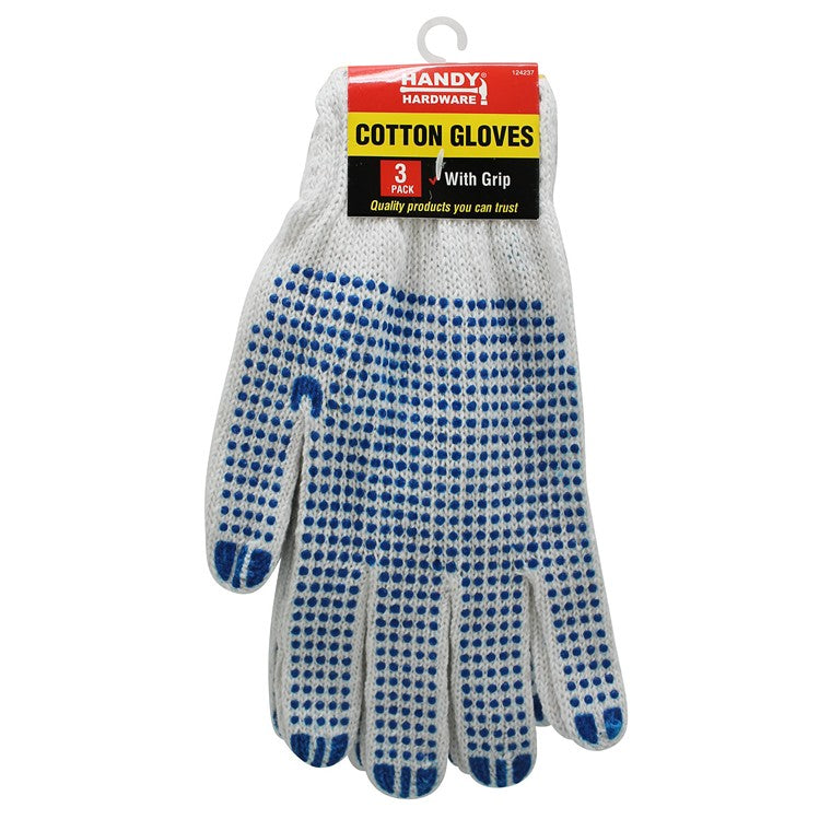 Cotton Gloves with Rubber Dots, 3pk