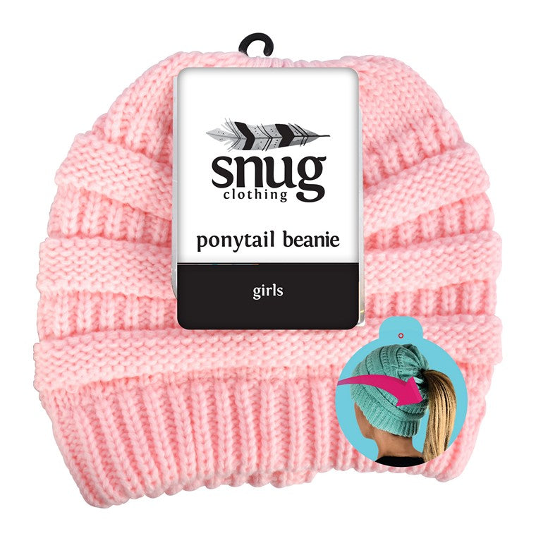 Girls Knit Pony Tail Beanie Pink