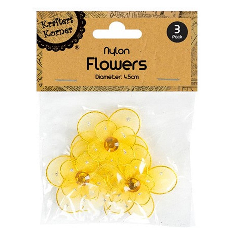 Soft Nylon Flowers, 3pk, 4 Asstd Colours