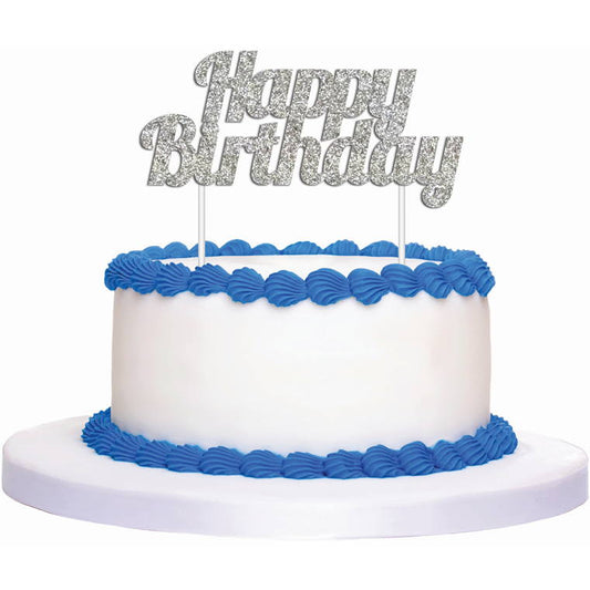 Cake Topper Glitter Silver Bday, 1pk