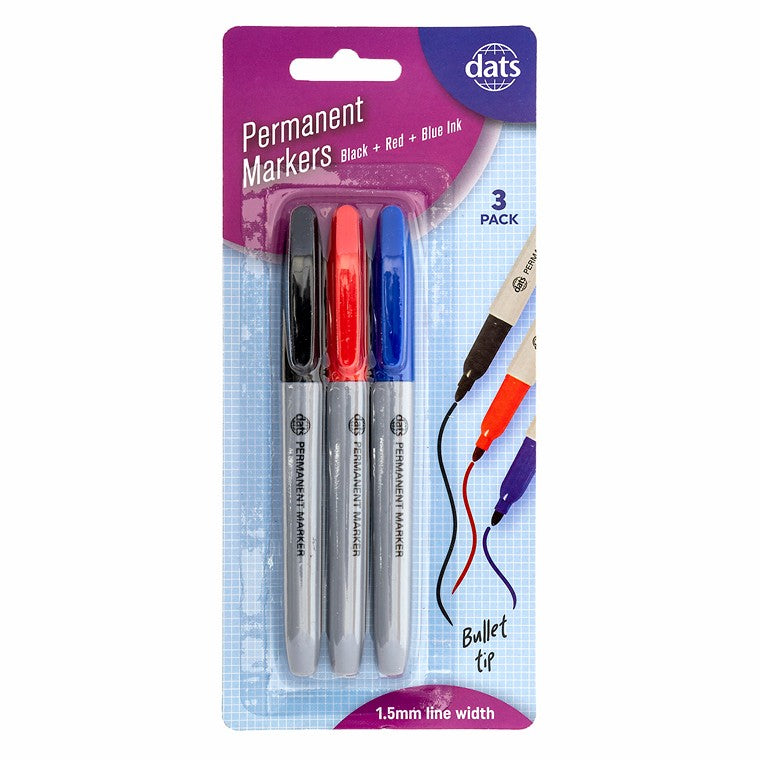 Permanent Markers, Bullet Tip, 3pk