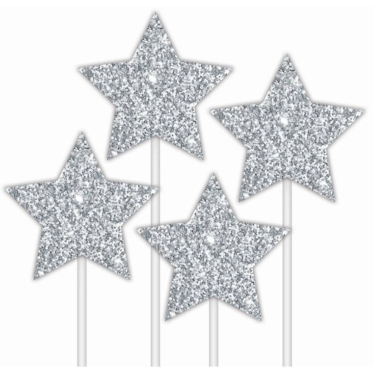 Cake Topper Glitter Stars Silver, 4pk