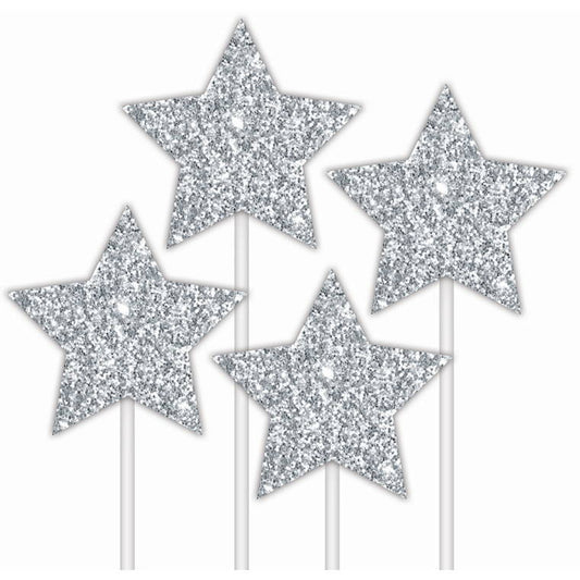 Cake Topper Glitter Stars Silver, 4pk