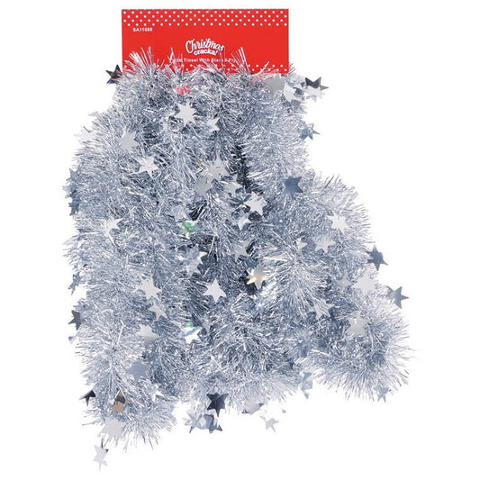 Christmas Tinsel Silver w/ Stars, 3m