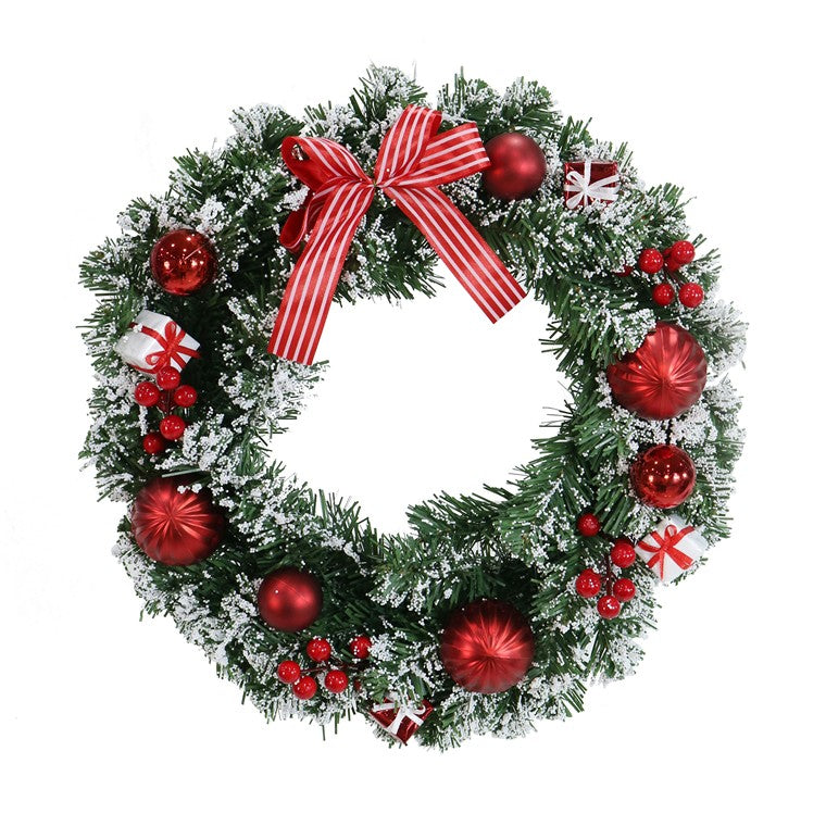 Snowy Pine Red Bauble Wreath, 40cm