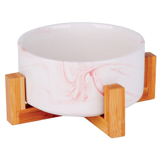 Ceramic Pet Bowl Marble w/ Bamboo Stand, 950ml, 2 Asstd Colours