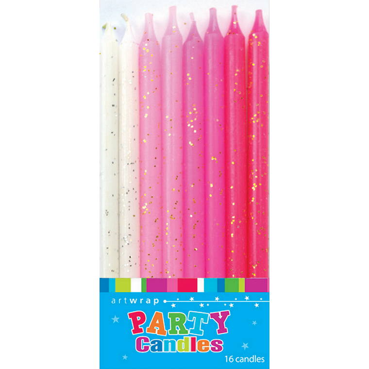 Candle 12cm, Glitter Pinks, 16pk