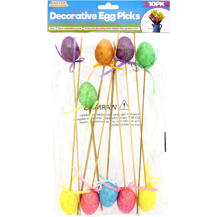 Polystyrene Egg On Pick w/ Glitter, 10pk, 26cm