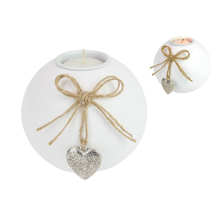 White Candle Holder w/ Silver Heart, 10cm