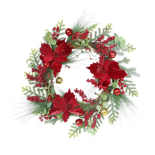 Velvet Poinsettia Bauble Wreath, 55cm