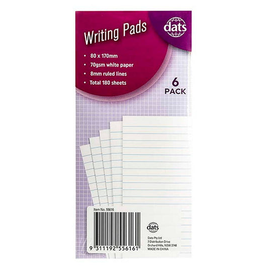 Paper Pad, Writing 30pgs, 80x170mm, 6pk