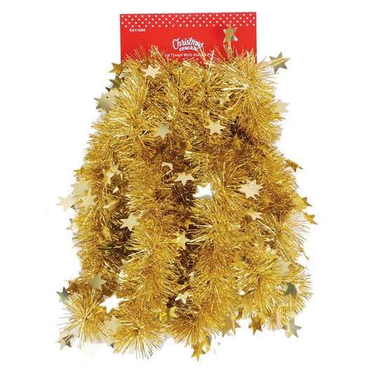 Christmas Tinsel Gold w/ Stars, 3m